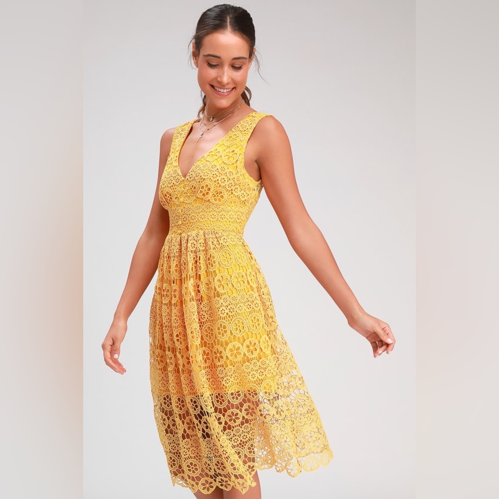 NWT Lulus Hannon Mustard Yellow Lace Sleeveless Midi Dress – Sz M